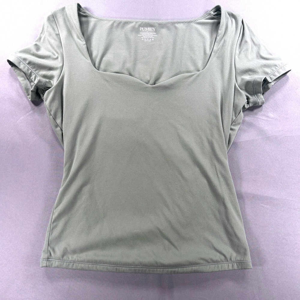 Pumiey Womens Sweetheart Neck‎ Short Sleeve Top Light Sage Soft Knit Small